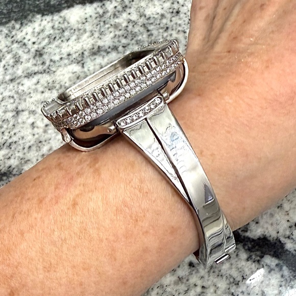 2 pc Apple Watch set white gold lab diamond case and crystal band classy bling - Picture 6 of 11